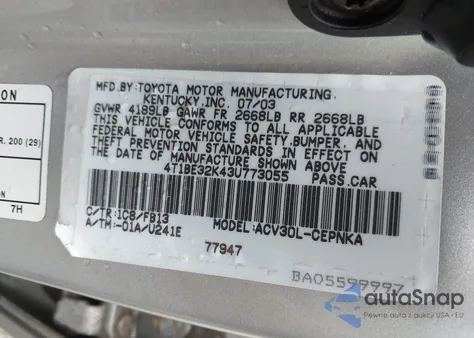 2003 Toyota Camry Le из США, поврежденный, VIN 4T1BE32K43U773055